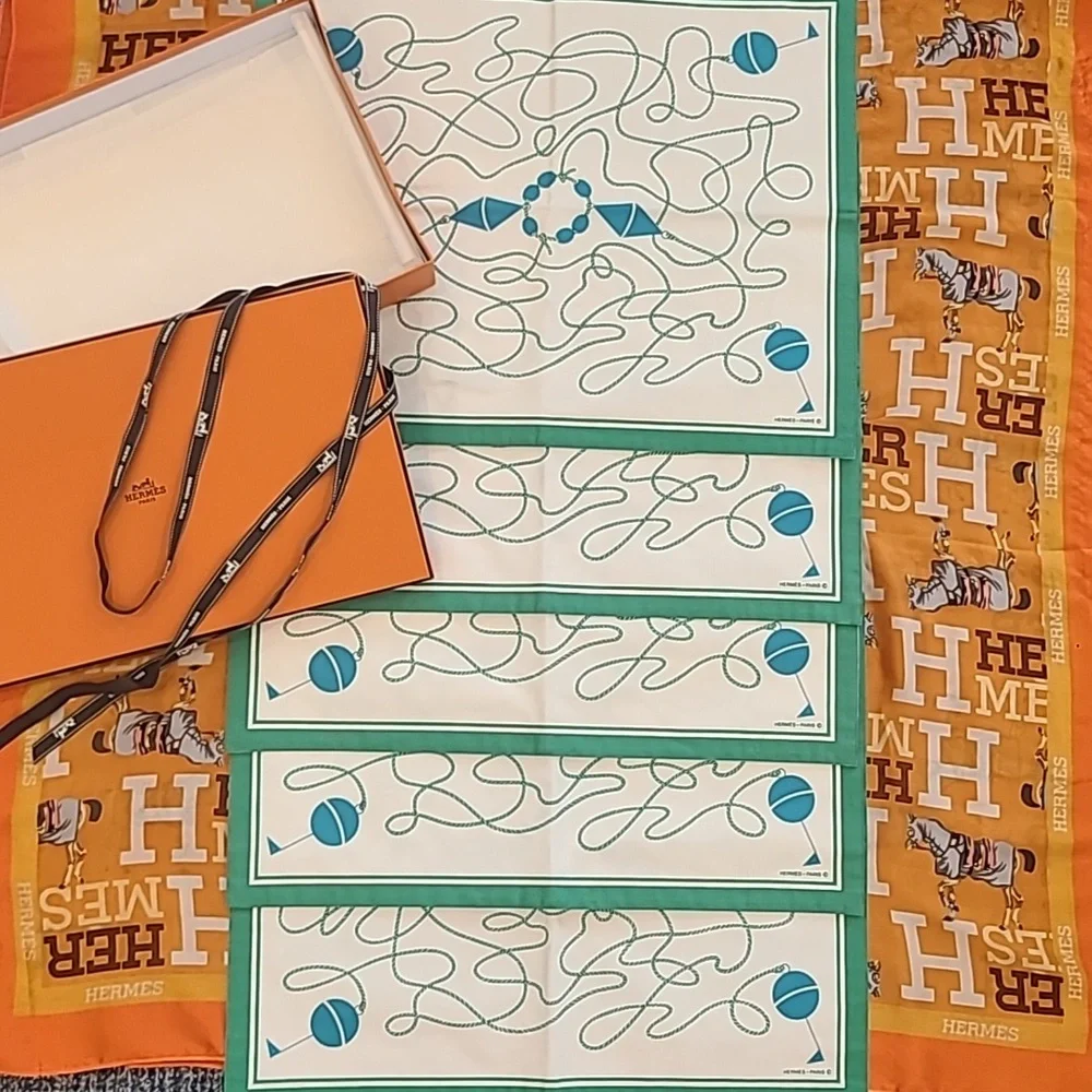 HERMÈS 1990s MARINER STYLE PLACEMATTS W/ORIGINAL BOX- UNUSED SET OF 5